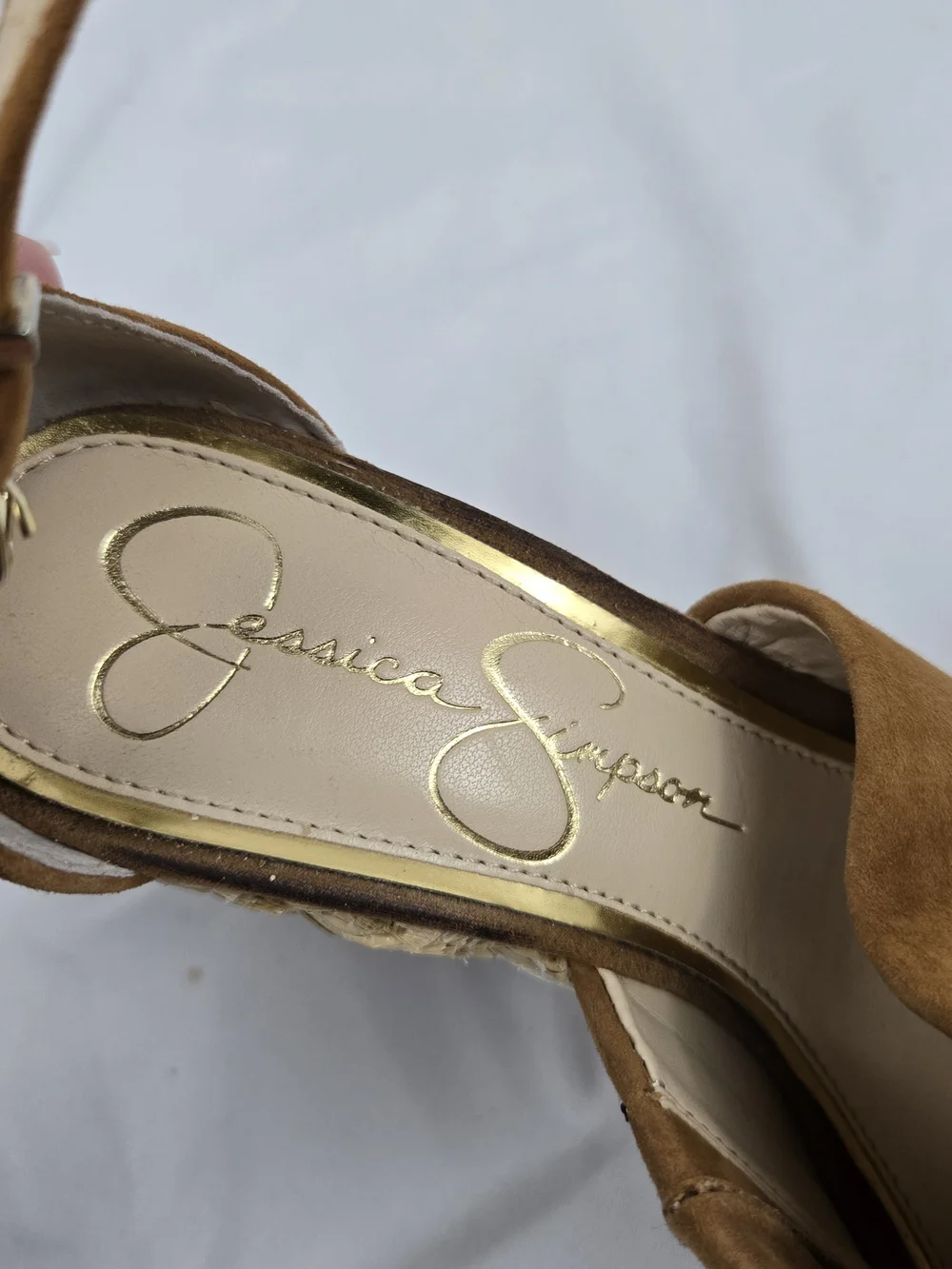Jessica Simpson Tan Suede Wedge Sandals Espadrille Ankle Strap Peep Toe 5M
